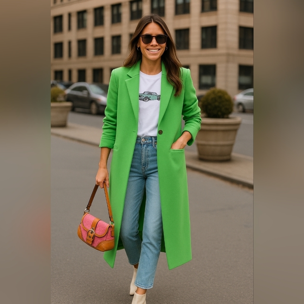 Something Navy Bright Green One-Button Long Coat – Size M